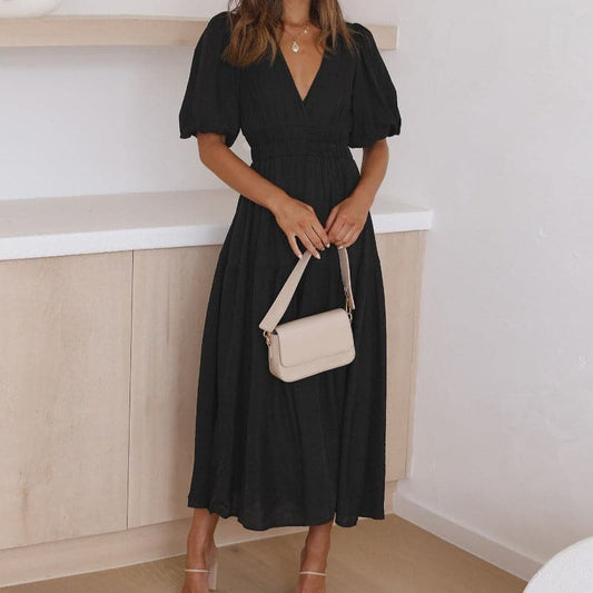 Women's Dress - Midi Length - V-Neck - Short Puff Sleeves - Fitted Waist - Light and Flowing