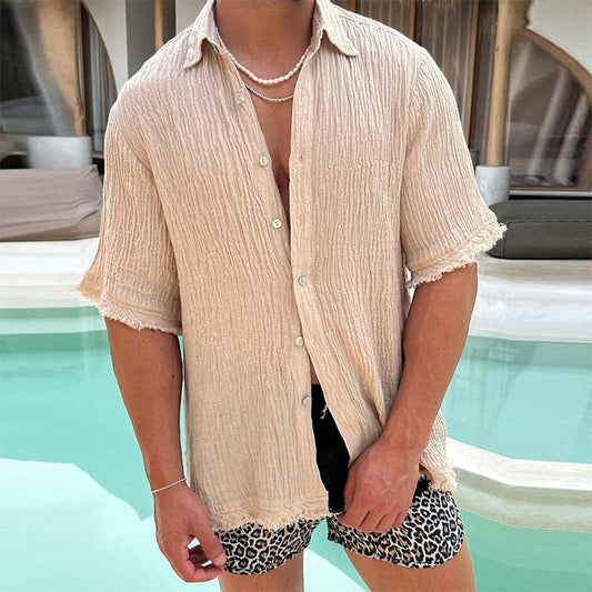 Men's Shirt - Lightweight Cotton/Linen - Short Sleeves - Relaxed Fit - Buttoned