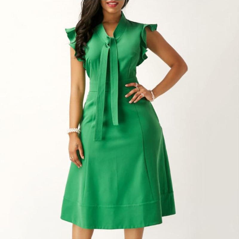 Women's Dress - A-line Fit - V-neck with Bow Detail - Short Ruffle Sleeves - Knee Length