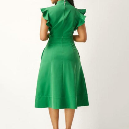Women's Dress - A-line Fit - V-neck with Bow Detail - Short Ruffle Sleeves - Knee Length