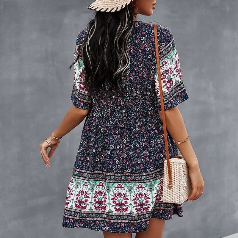 Women's Dress - Bohemian Style - V-neck Short-sleeved - Light and Airy With Print