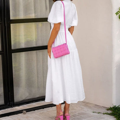 Women's Dress - Midi Length - V-Neck - Short Puff Sleeves - Fitted Waist - Light and Flowing