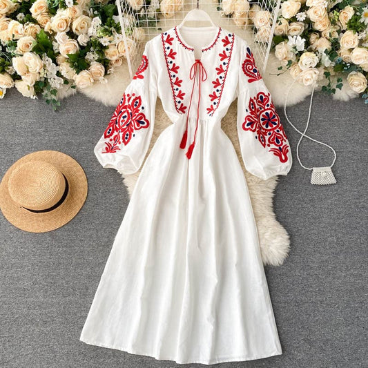 Women's Dress - Long-Sleeved A-Line - Embroidery & Tie - Airy & Elegant