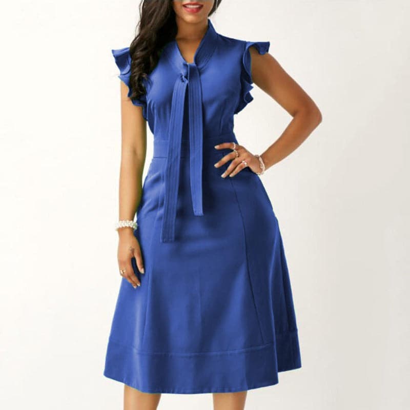 Women's Dress - A-line Fit - V-neck with Bow Detail - Short Ruffle Sleeves - Knee Length