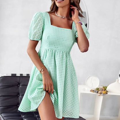 Women's Dress - A-line Fit - Square Neckline - Short Puff Sleeves - Broderie Anglaise
