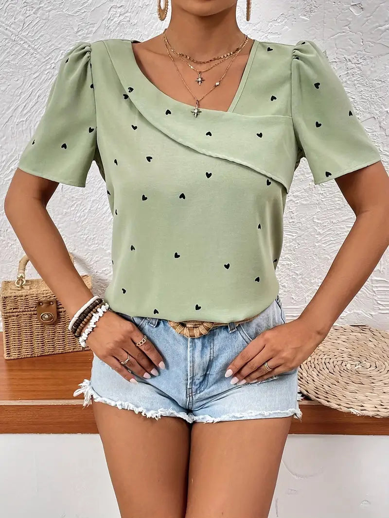 Women's Blouse - Relaxed Fit - Asymmetric Neckline - Short Puff Sleeves - Heart Print