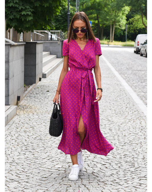 Women's Midi Dress – Wrap Design – V-Neck – Short Sleeves – Adjustable Waist – Breathable Blend
