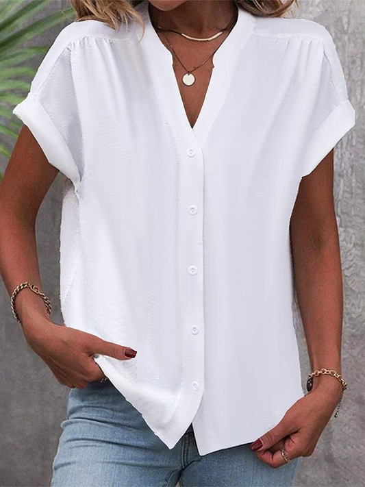 Women's Blouse - V-Neck with Buttons - Lightweight and Breathable - Loose Fit - Short Sleeves