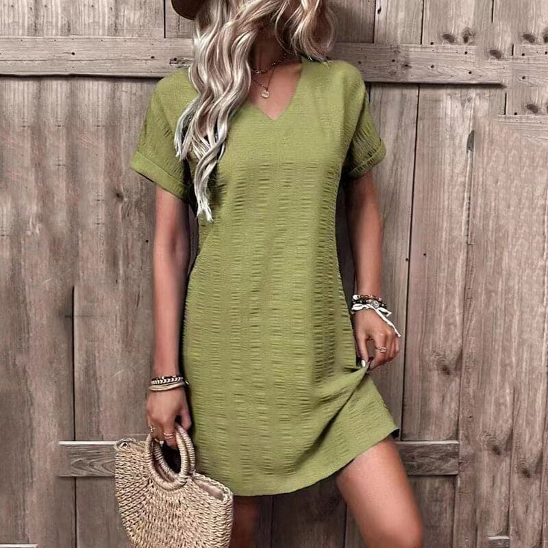 Women's Shirt Dress - Relaxed Fit - V-neck - Short Sleeves - Comfortable Everyday Style