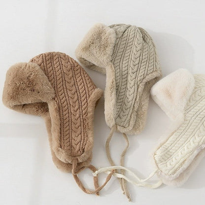 Isla Cable Knit Fur Trim Trapper Hat | Ear Flaps Braided Tie Straps Hat