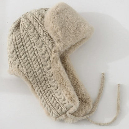 Isla Cable Knit Fur Trim Trapper Hat | Ear Flaps Braided Tie Straps Hat