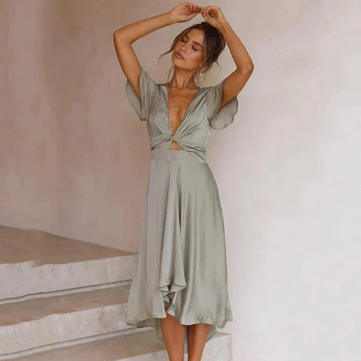 Women's Dress - Wrap Design - V-Neck - Short Ruffle Sleeves - Light and Flowing Fit