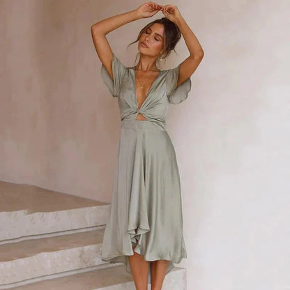 Women's Dress - Wrap Design - V-Neck - Short Ruffle Sleeves - Light and Flowing Fit