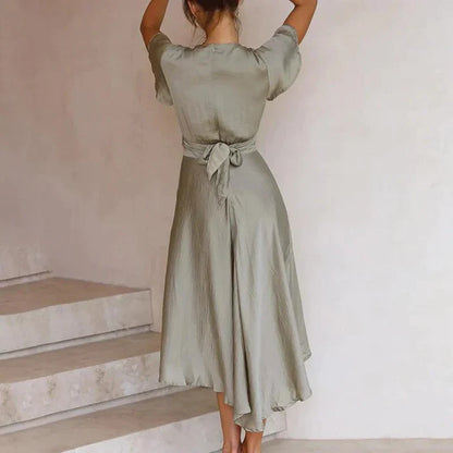 Women's Dress - Wrap Design - V-Neck - Short Ruffle Sleeves - Light and Flowing Fit