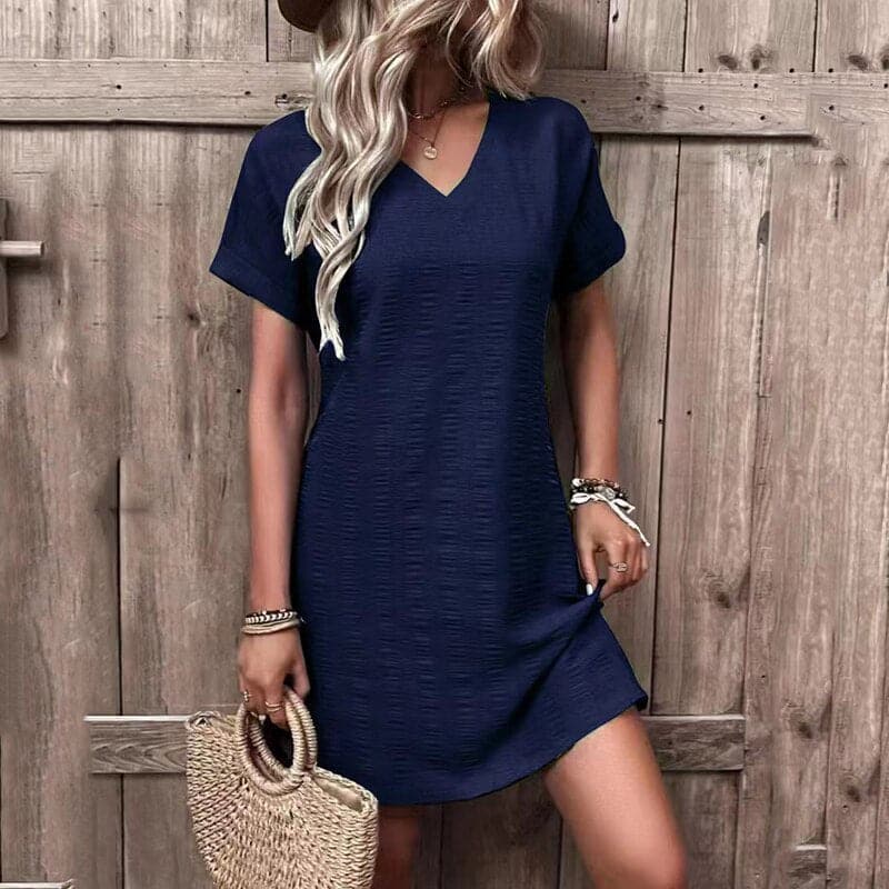 Women's Shirt Dress - Relaxed Fit - V-neck - Short Sleeves - Comfortable Everyday Style