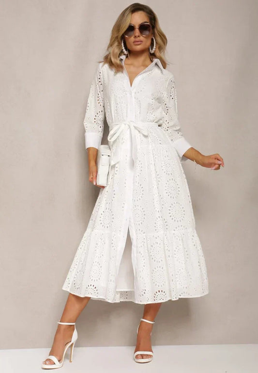 Women's Midi Dress – Broderie Anglaise – Relaxed Fit – Belt – Button Closure