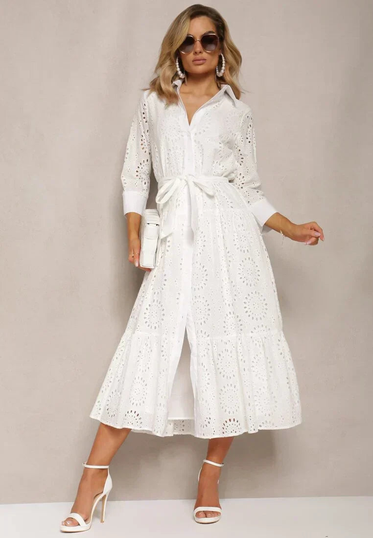 Women's Midi Dress – Broderie Anglaise – Relaxed Fit – Belt – Button Closure