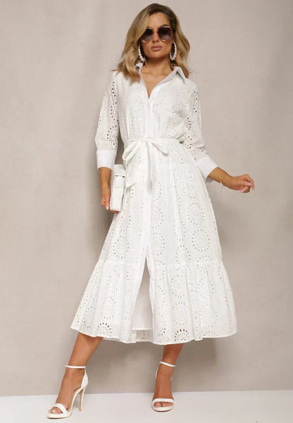 Women's Midi Dress – Broderie Anglaise – Relaxed Fit – Belt – Button Closure