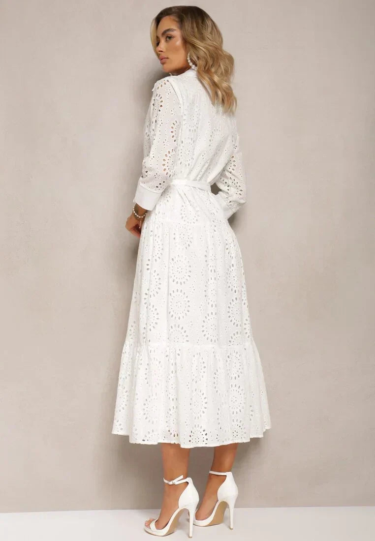 Women's Midi Dress – Broderie Anglaise – Relaxed Fit – Belt – Button Closure