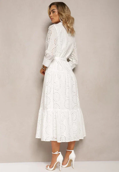 Women's Midi Dress – Broderie Anglaise – Relaxed Fit – Belt – Button Closure