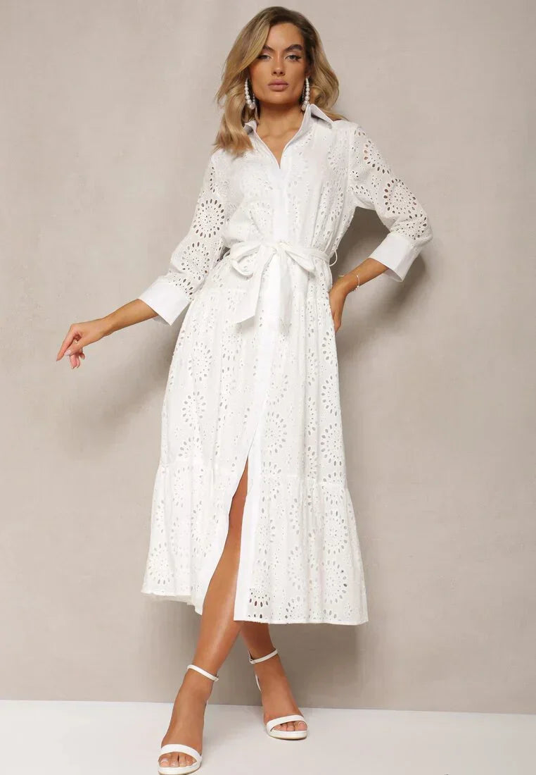 Women's Midi Dress – Broderie Anglaise – Relaxed Fit – Belt – Button Closure