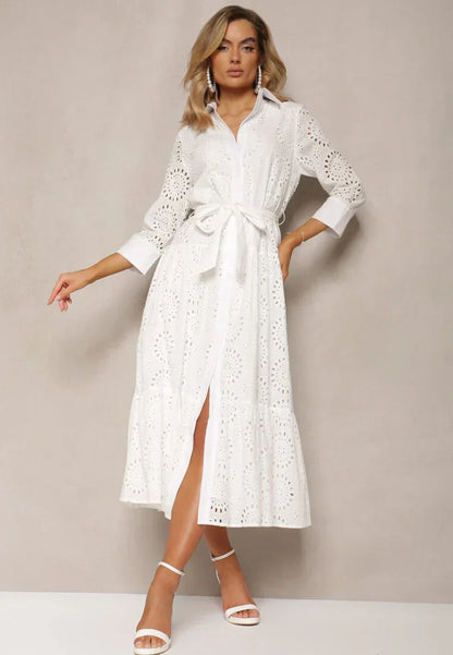 Women's Midi Dress – Broderie Anglaise – Relaxed Fit – Belt – Button Closure