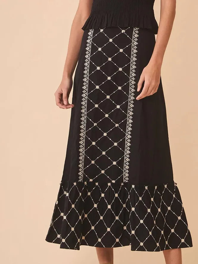 Women's Dress - Embroidered A-line Cut - Midi Length - Ruched Sleeve and Ruffle Hem