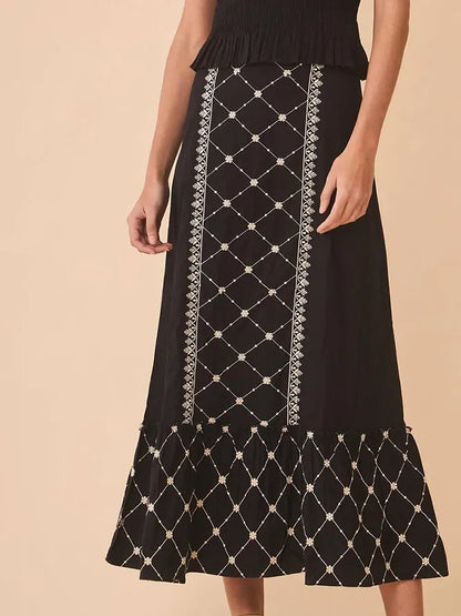 Women's Dress - Embroidered A-line Cut - Midi Length - Ruched Sleeve and Ruffle Hem