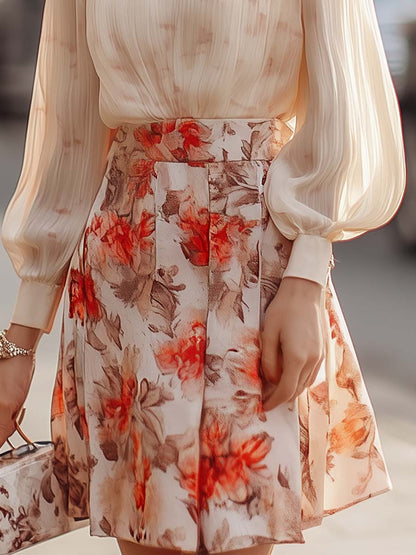 Elise - Floral Print Pleated Skirt and Blouse Set