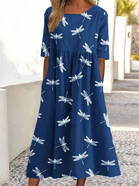 Women's Midi Dress – A-line – Short-sleeved – Breathable Blend – Dragonfly Print