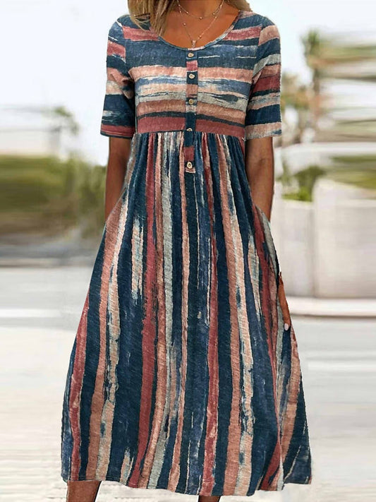 Women's Midi Dress – Casual A-Line – Breathable Blend – Striped – Pockets
