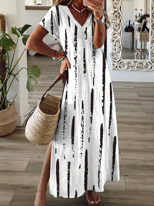 Women's Maxi Dress – Relaxed Fit – V-Neck – Short Sleeves – Striped – Breathable Fabric
