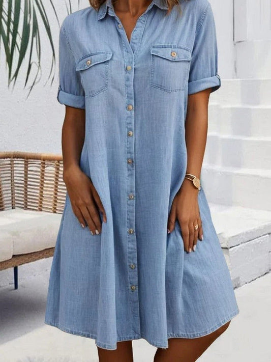 Women's Short Dress – Relaxed Fit – Shirt Collar – Buttons – Breathable Material