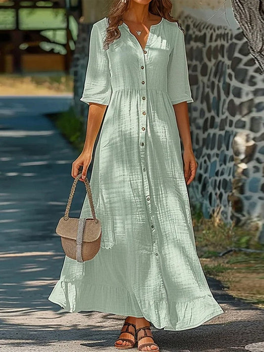 Women's Midi Dress – Relaxed Fit – Half Sleeve – Button Closure – Breathable Blend