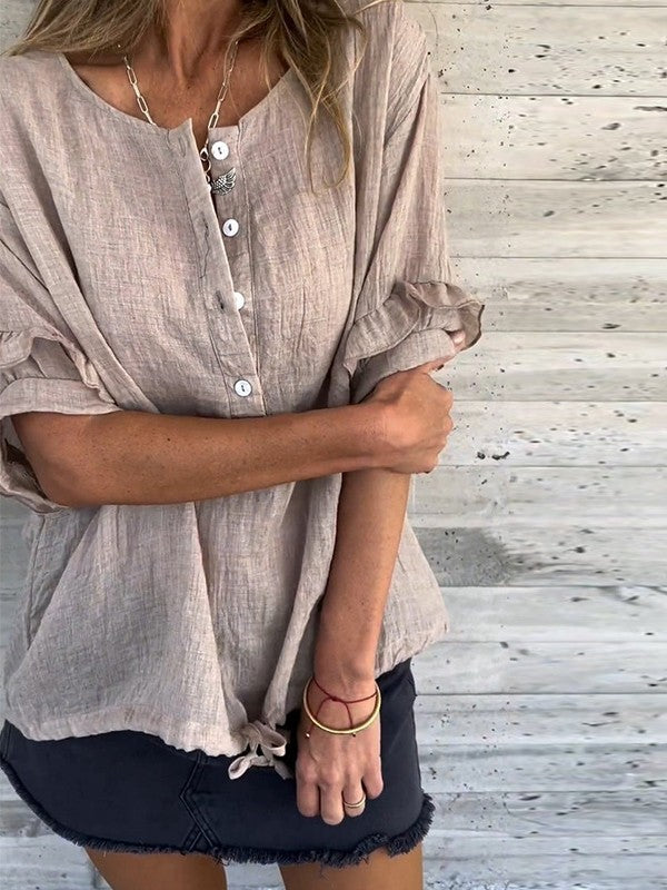 Women's Blouse – Relaxed Fit – Ruffle Sleeves – Round Neck – Natural Fibers – Adjustable Hem