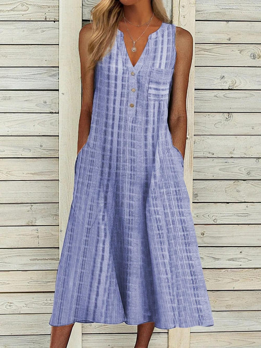 Women's Dress – A-line Cut – Breathable Blend – V-neck – Button Closure – Midi Length – Pockets