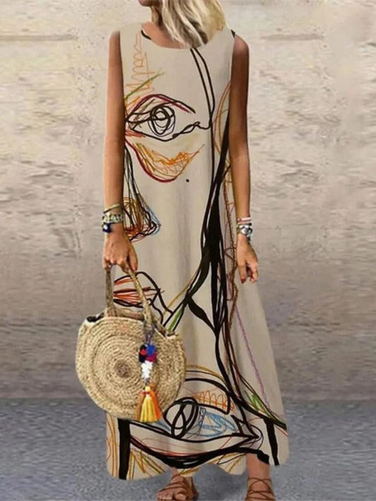 Women's Maxi Dress – Relaxed Fit – Natural Fibers – Sleeveless – Abstract Print