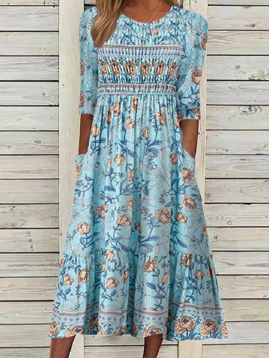 Women's midi dress – smock top – puff sleeves – floral print – breathable blend