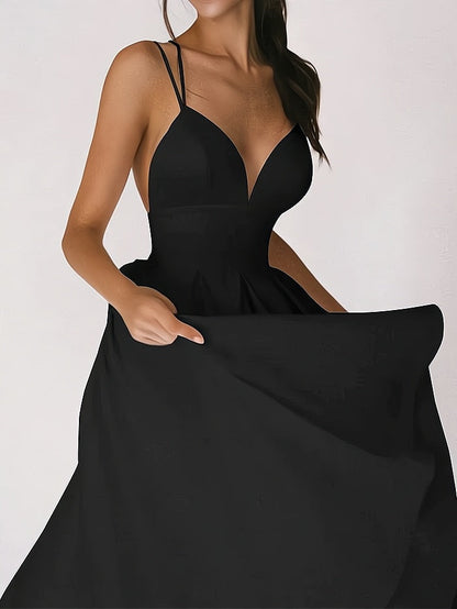 Women's Party Dress - V-Neck - Spaghetti Straps - Fitted Waist - Long A-Line Skirt