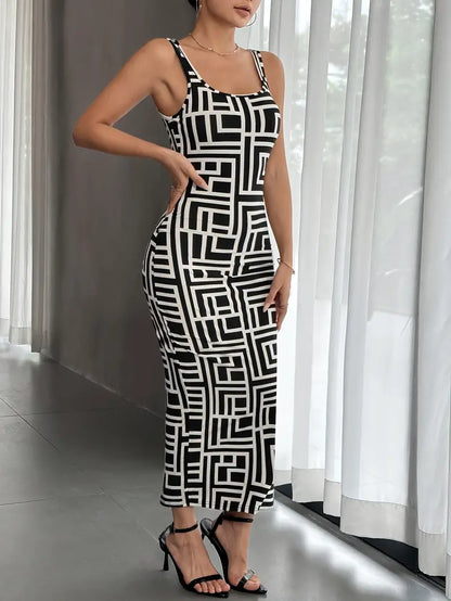 Women's Bodycon Dress - Midi Length - Geometric Pattern - Square Neckline - Thin Straps