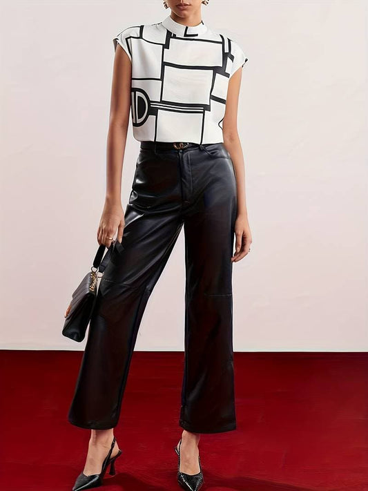 Women's Blouse - High Neck - Short Sleeves - Graphic Pattern - Elegant Boxy Fit