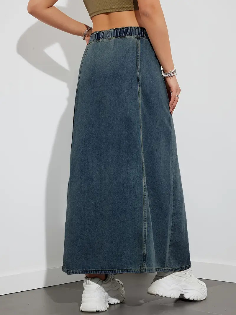 Women's Maxi Skirt - Denim - Elastic Waist with Drawstring - A-Line - Casual Look
