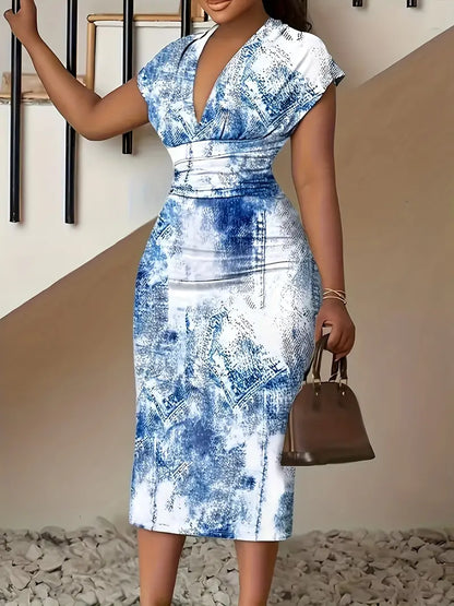 Women Bodycon Dress - Midi Length - V-Neck - Patchwork Design - Short Sleeves