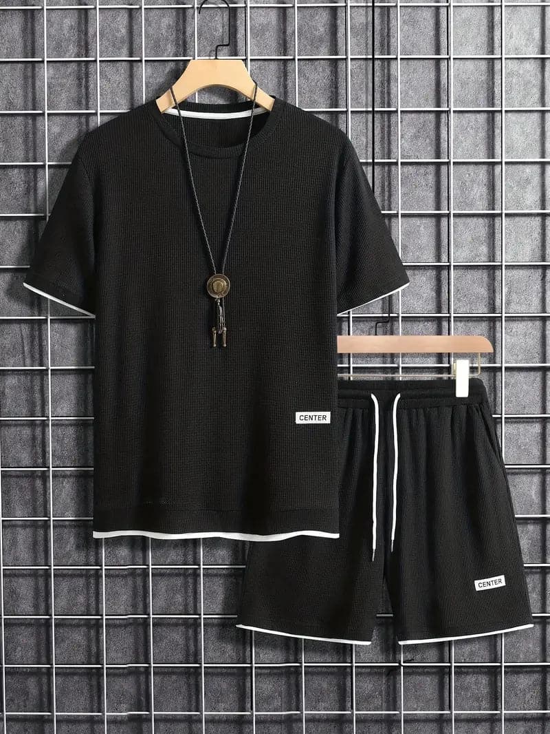 Men's Set - Short-Sleeved T-shirt & Shorts - Breathable Waffle Knit - Adjustable Fit