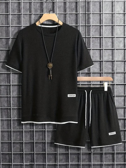 Men's Set - Short-Sleeved T-shirt & Shorts - Breathable Waffle Knit - Adjustable Fit