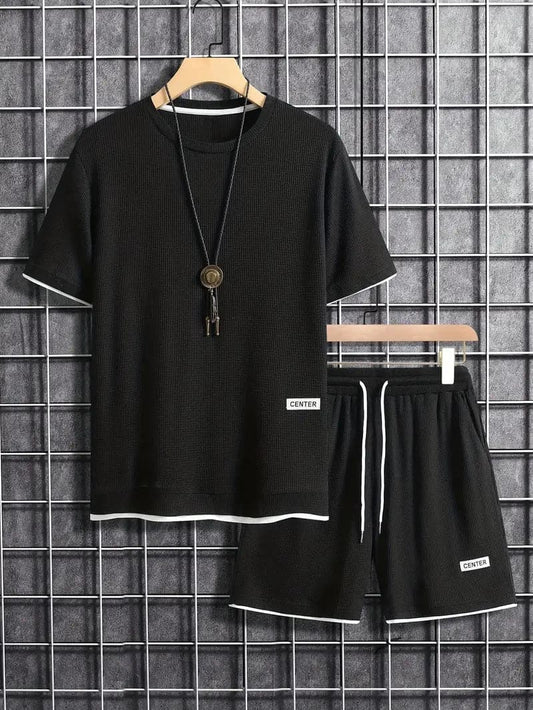 Men's Set - Short-Sleeved T-shirt & Shorts - Breathable Waffle Knit - Adjustable Fit