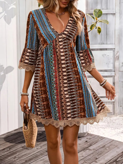 Women's Dress - Bohemian Style - V-Neck - Loose Ruffle Sleeves - Light and Breathable