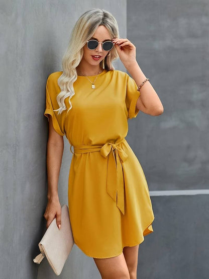 Women's Dress - Lightweight Fabric - Short Sleeves - Belt at the Waist - Relaxed Fit