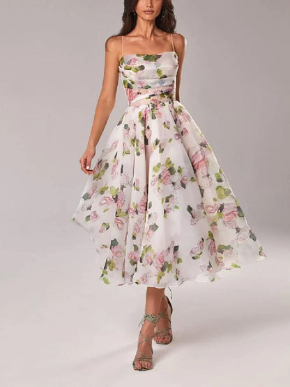 Dress for Women – A-line Cut – Chiffon – Mid Length – Spaghetti Straps – Floral Pattern