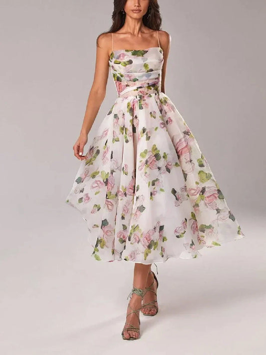 Dress for Women – A-line Cut – Chiffon – Mid Length – Spaghetti Straps – Floral Pattern